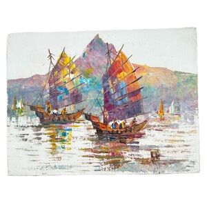 Colorful Sailing Boats Canvas Art Signed